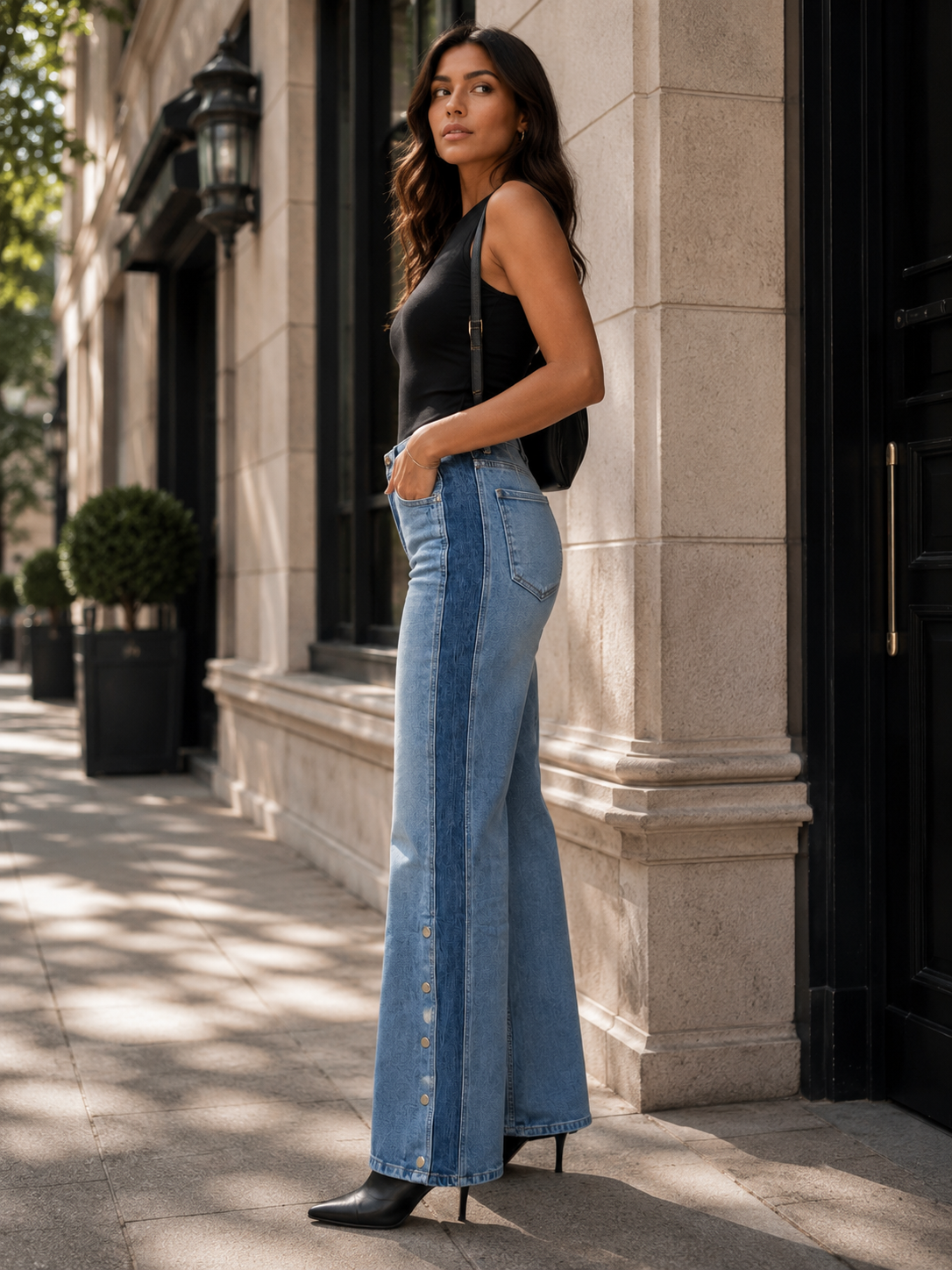 Women's Two-Tone High Rise Straight Leg Jeans in Blue