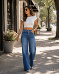 Women's High Rise Wide Leg Belted Jeans in Dark Blue