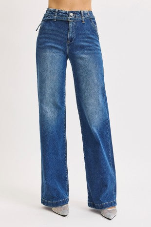 Women's High Rise Wide Leg Belted Jeans in Dark Blue