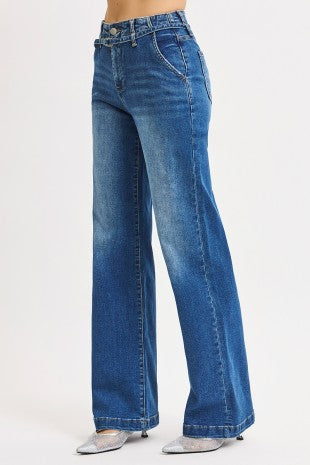 Women's High Rise Wide Leg Belted Jeans in Dark Blue