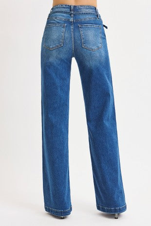 Women's High Rise Wide Leg Belted Jeans in Dark Blue
