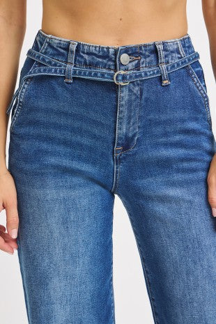 Women's High Rise Wide Leg Belted Jeans in Dark Blue