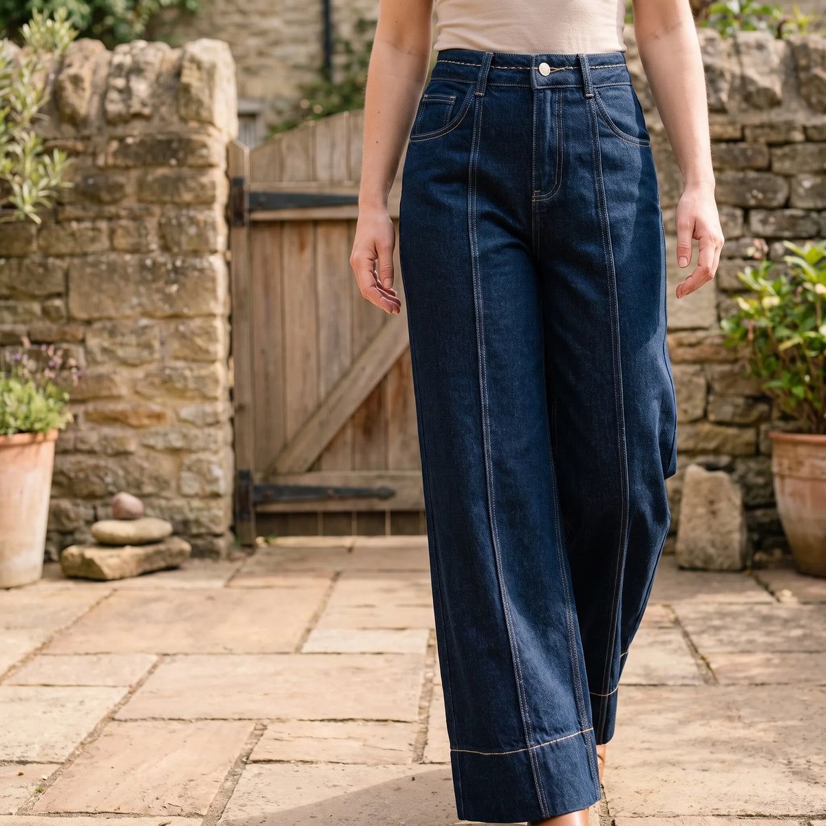 Women's High-Rise Wide-Leg Seam Front Jeans in Dark Wash