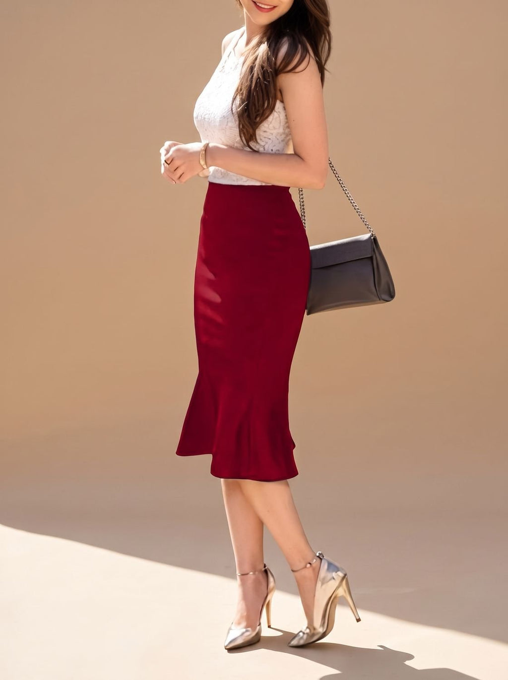 Women's High Waisted Fishtail Mermaid Midi Skirt
