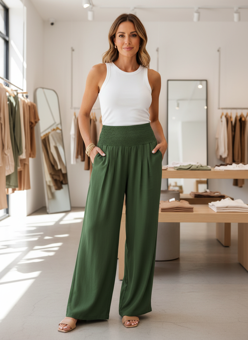 Women's Smocked High-Waist Wide-Leg Pants