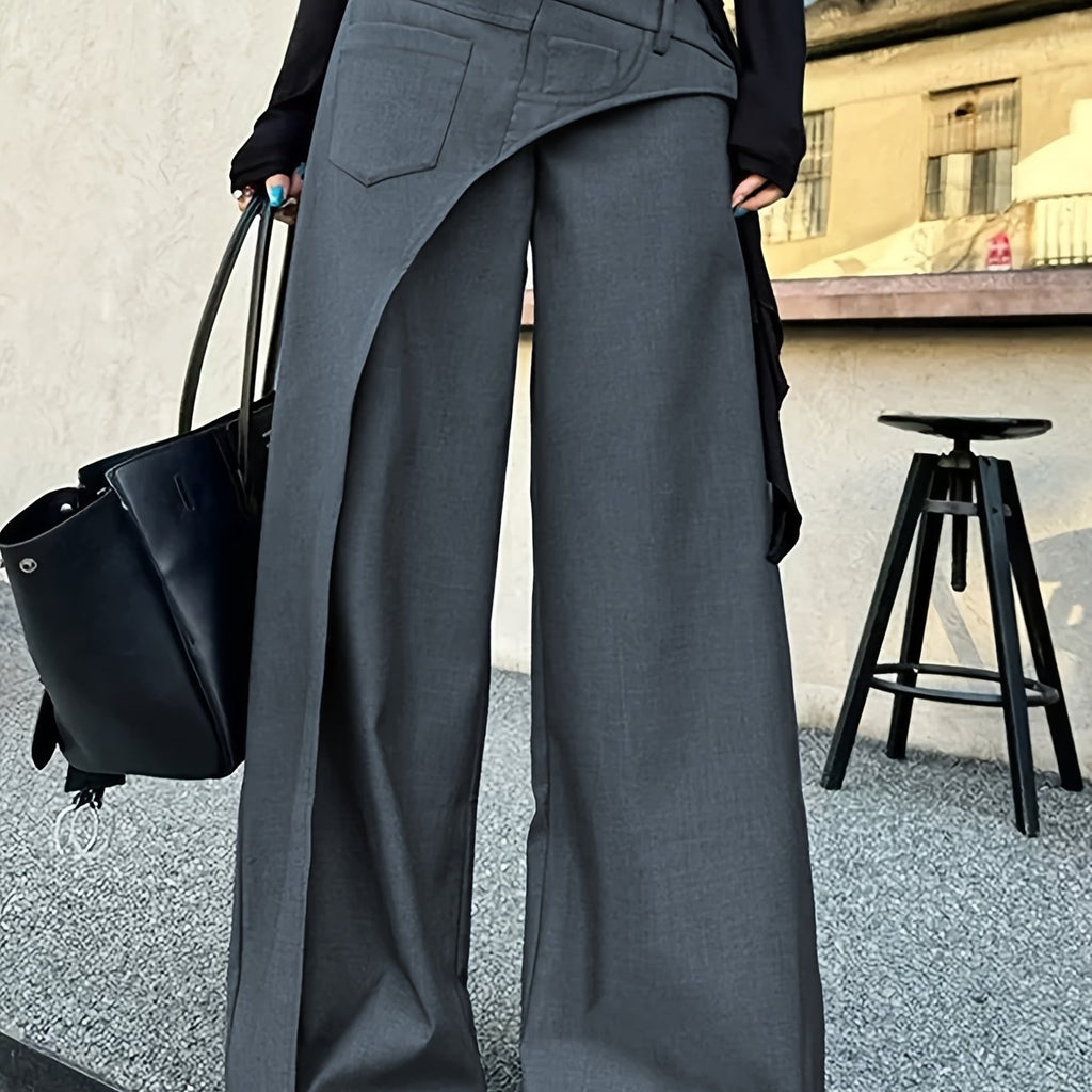 Women's High Waisted Layered Panel Wide Leg Pants in Dark Gray