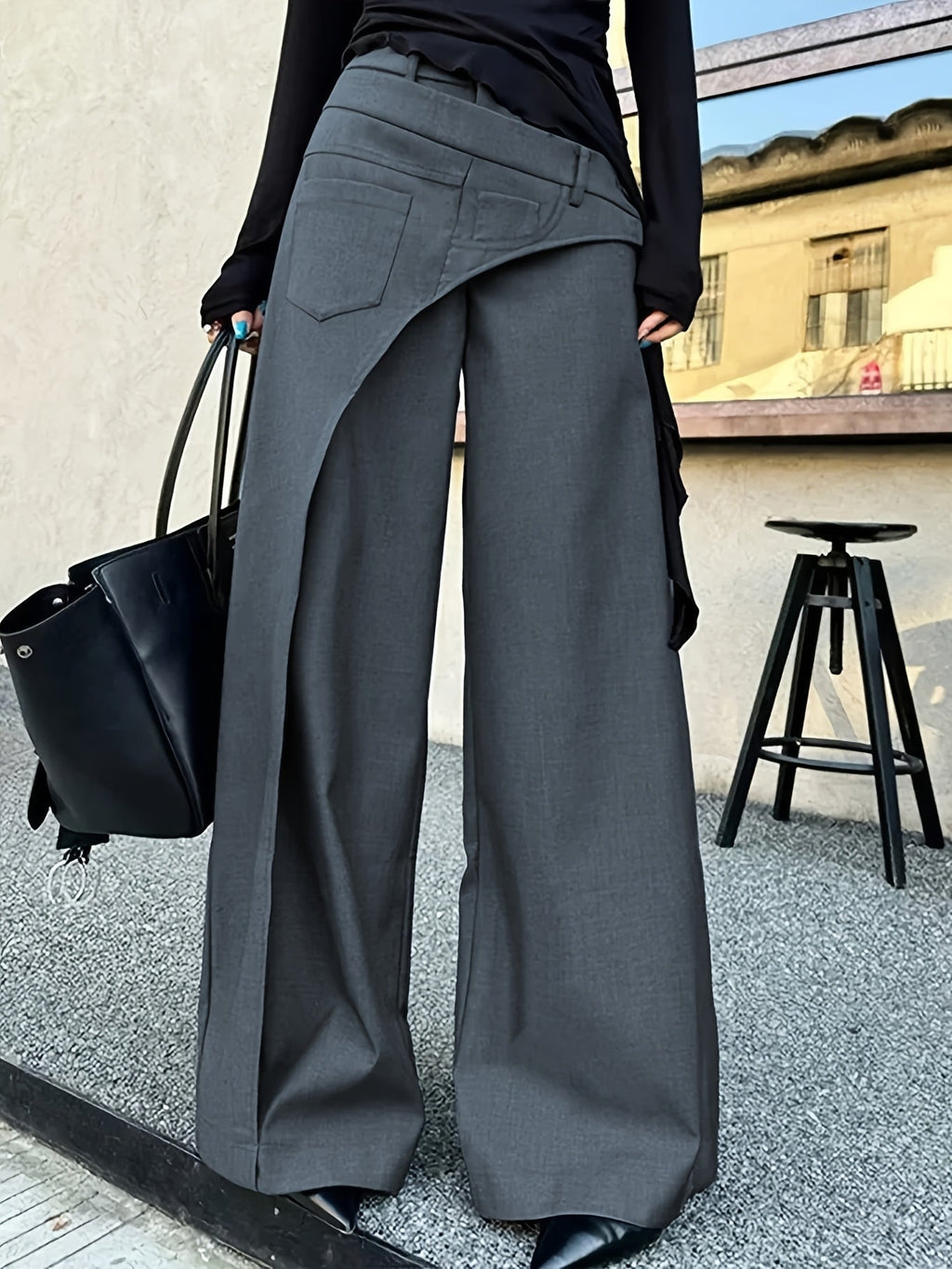 Women's High Waisted Layered Panel Wide Leg Pants in Dark Gray