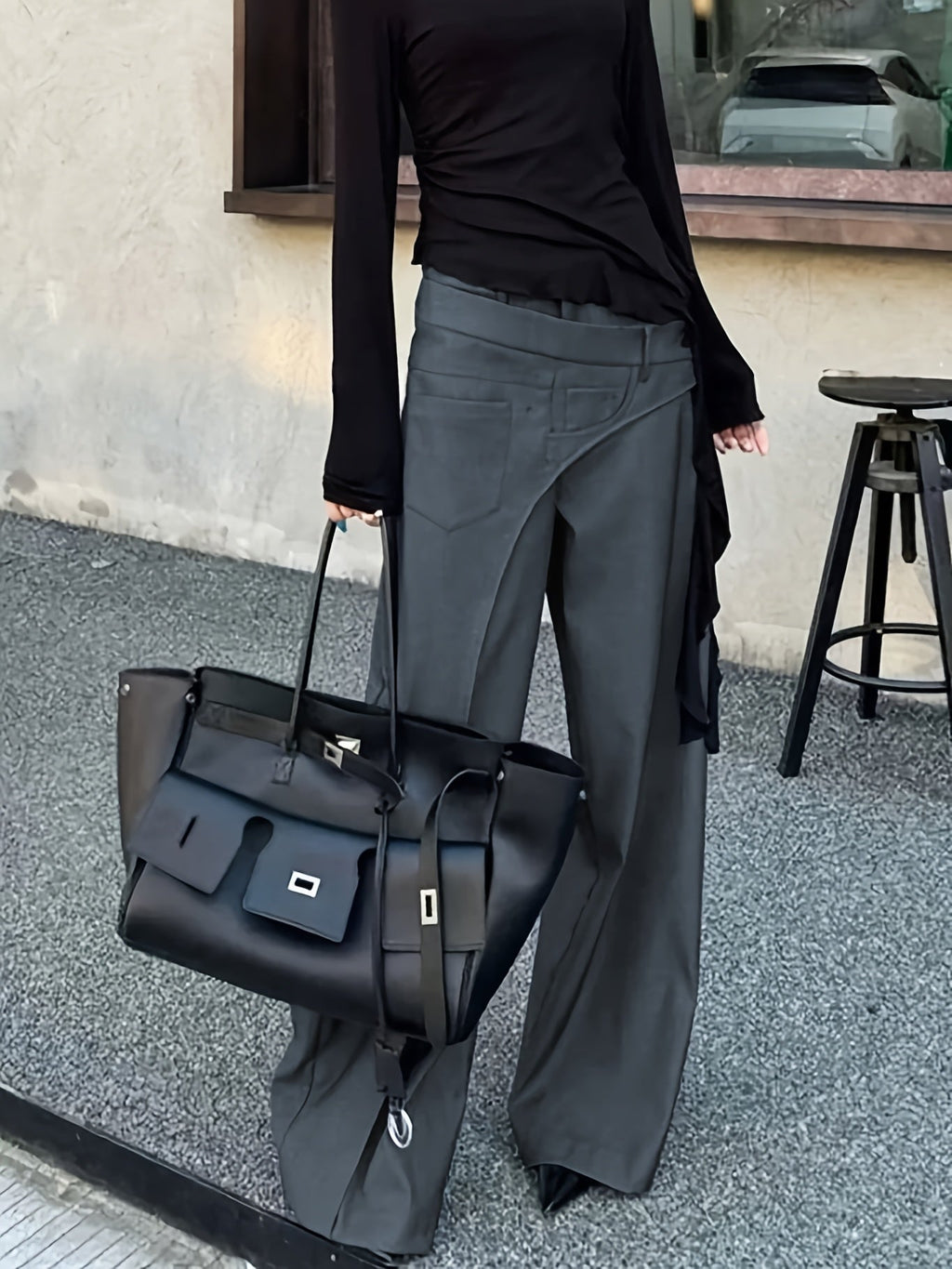 Women's High Waisted Layered Panel Wide Leg Pants in Dark Gray
