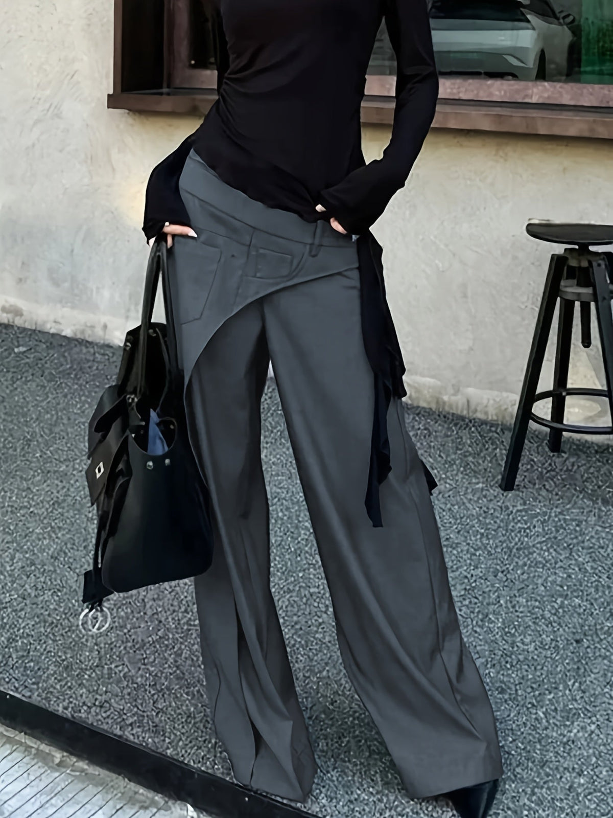 Women's High Waisted Layered Panel Wide Leg Pants in Dark Gray