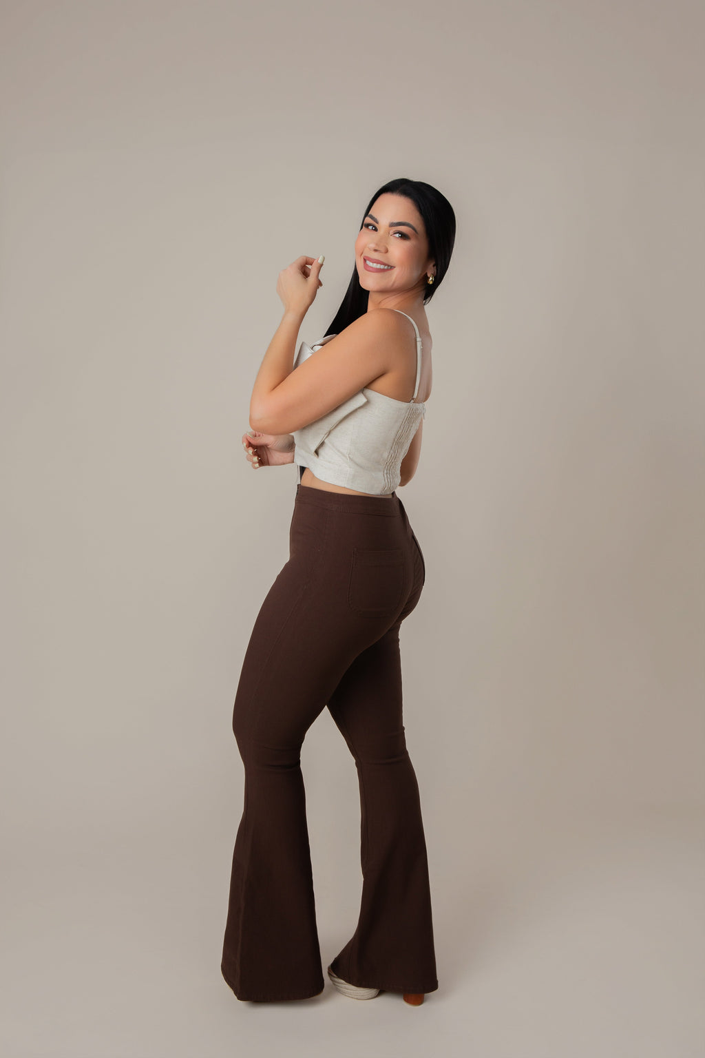 Women's High Waisted Flare Leg Pants in Brown