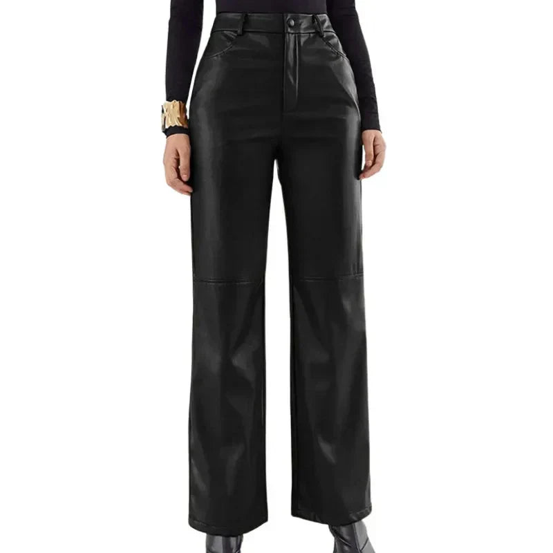 Women's High-Waisted Wide-Leg Faux Leather Pants in Black