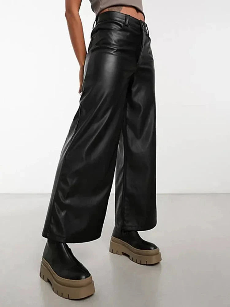 Women's High-Waisted Wide-Leg Faux Leather Pants in Black