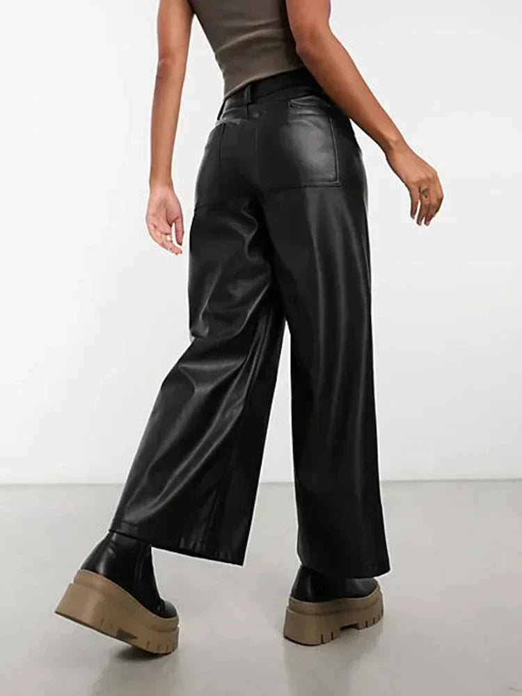 Women's High-Waisted Wide-Leg Faux Leather Pants in Black