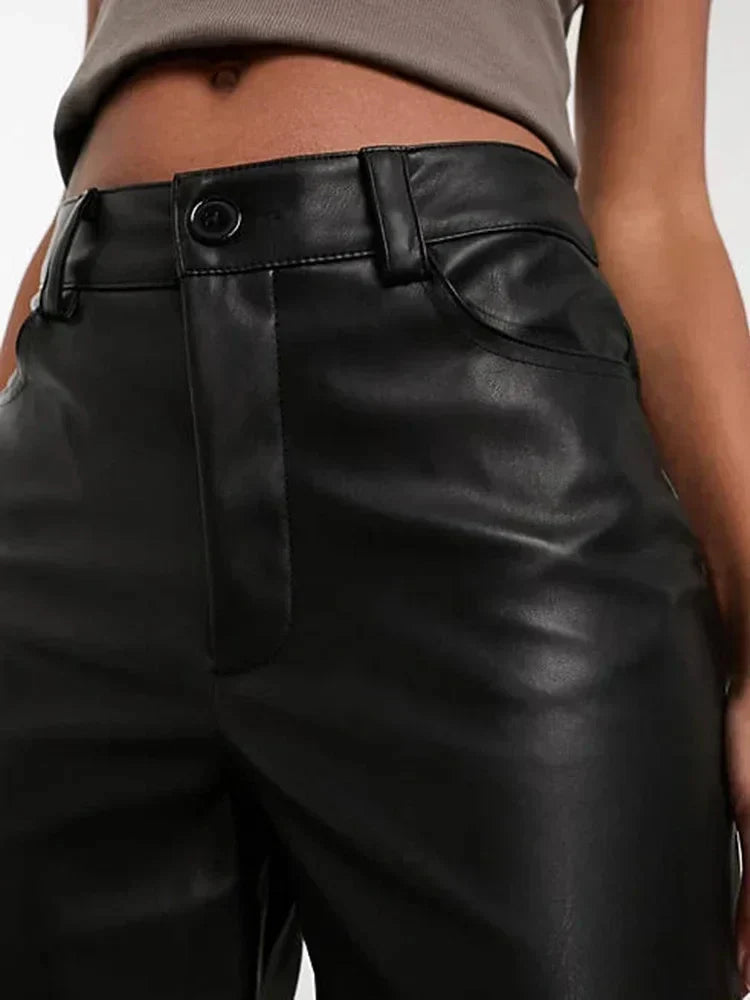 Women's High-Waisted Wide-Leg Faux Leather Pants in Black