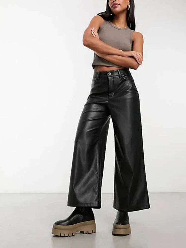 Women's High-Waisted Wide-Leg Faux Leather Pants in Black