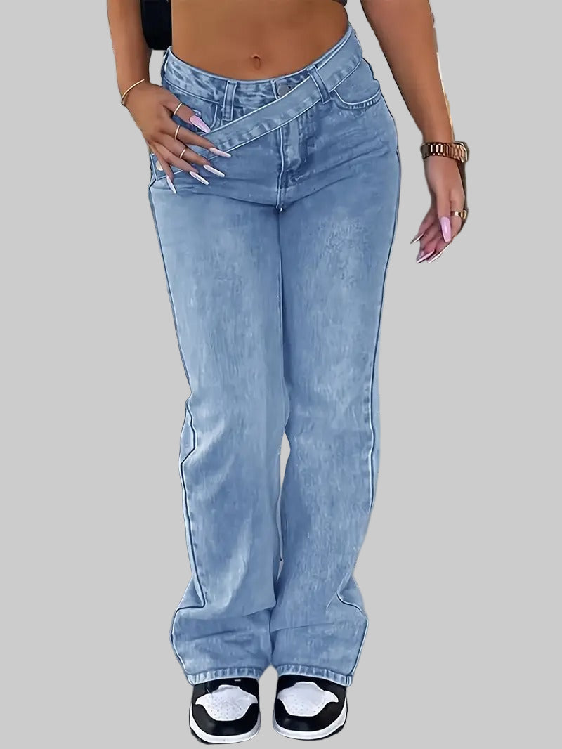 Women's Crossover Waist Wide-Leg Jeans in Light Blue