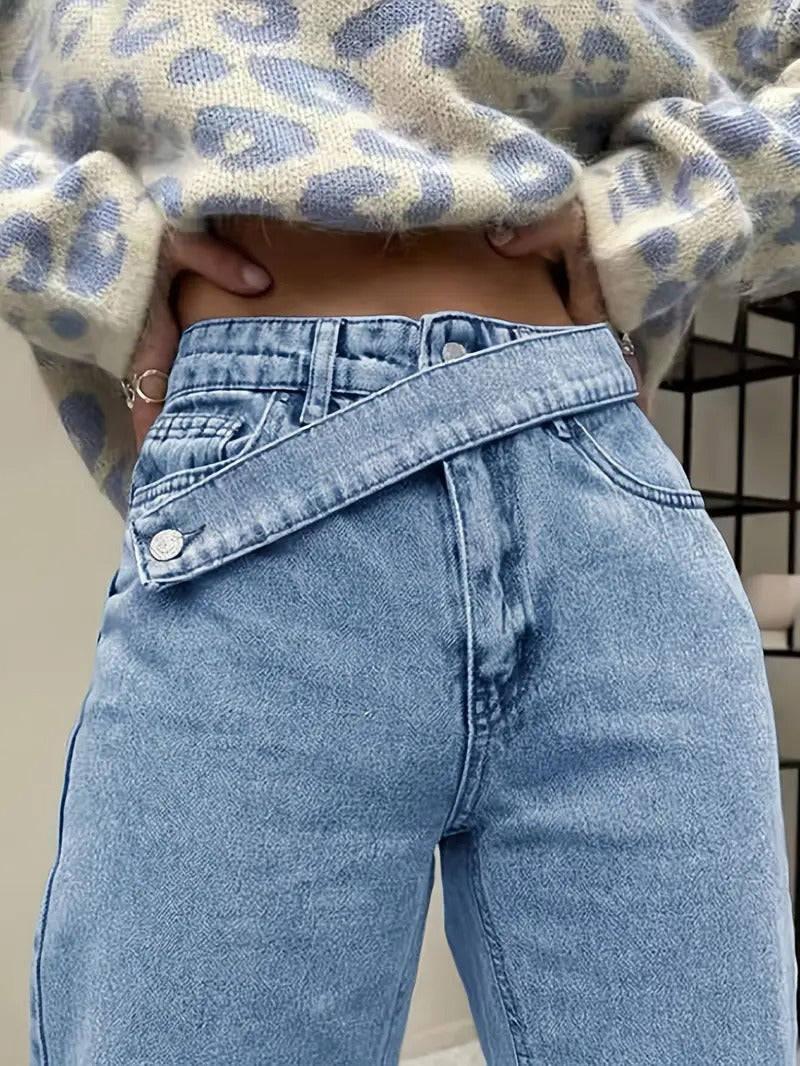 Women's Crossover Waist Wide-Leg Jeans in Light Blue