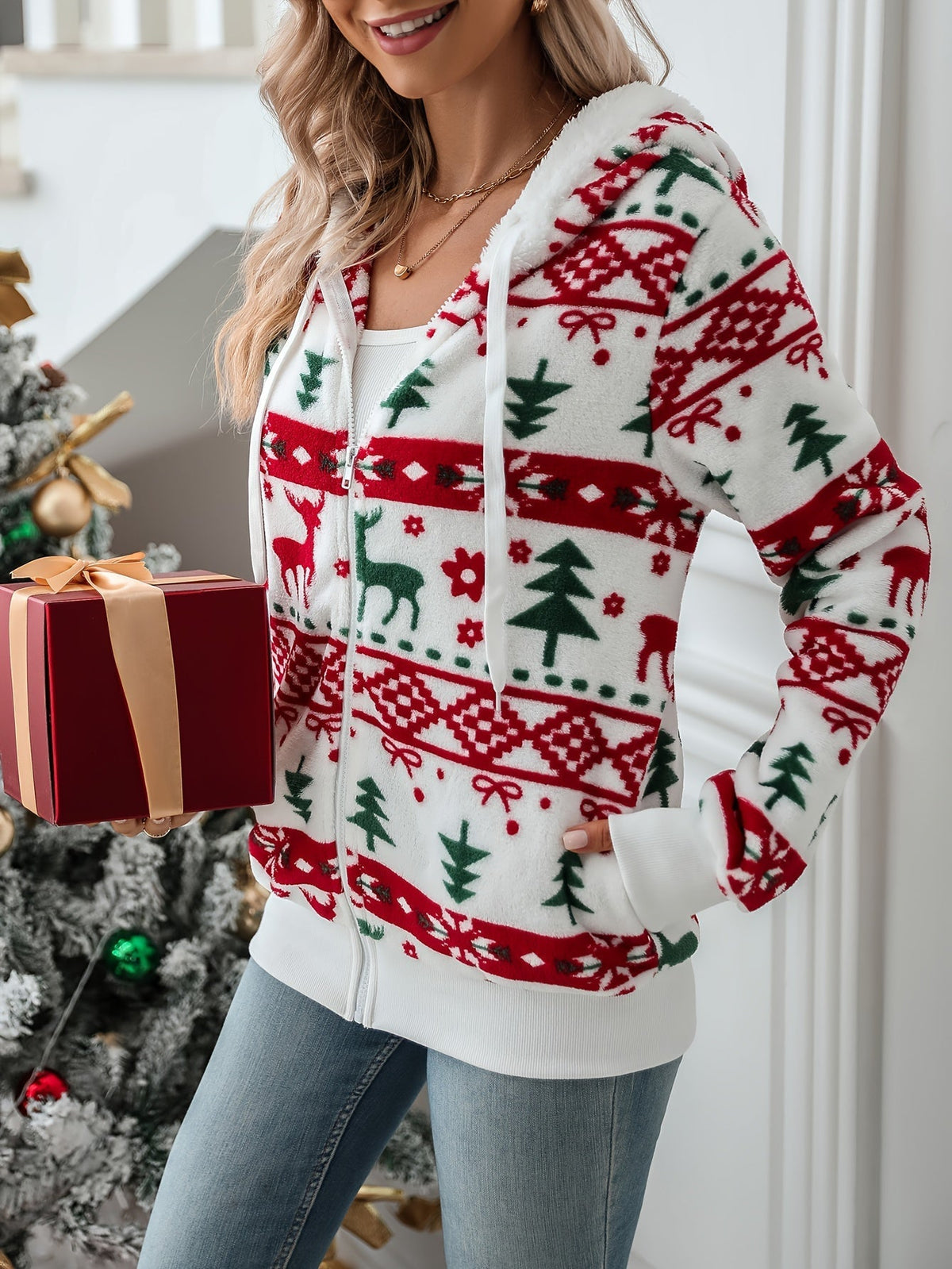 Women's Fair Isle Christmas Cardigan Hooded Zip Up