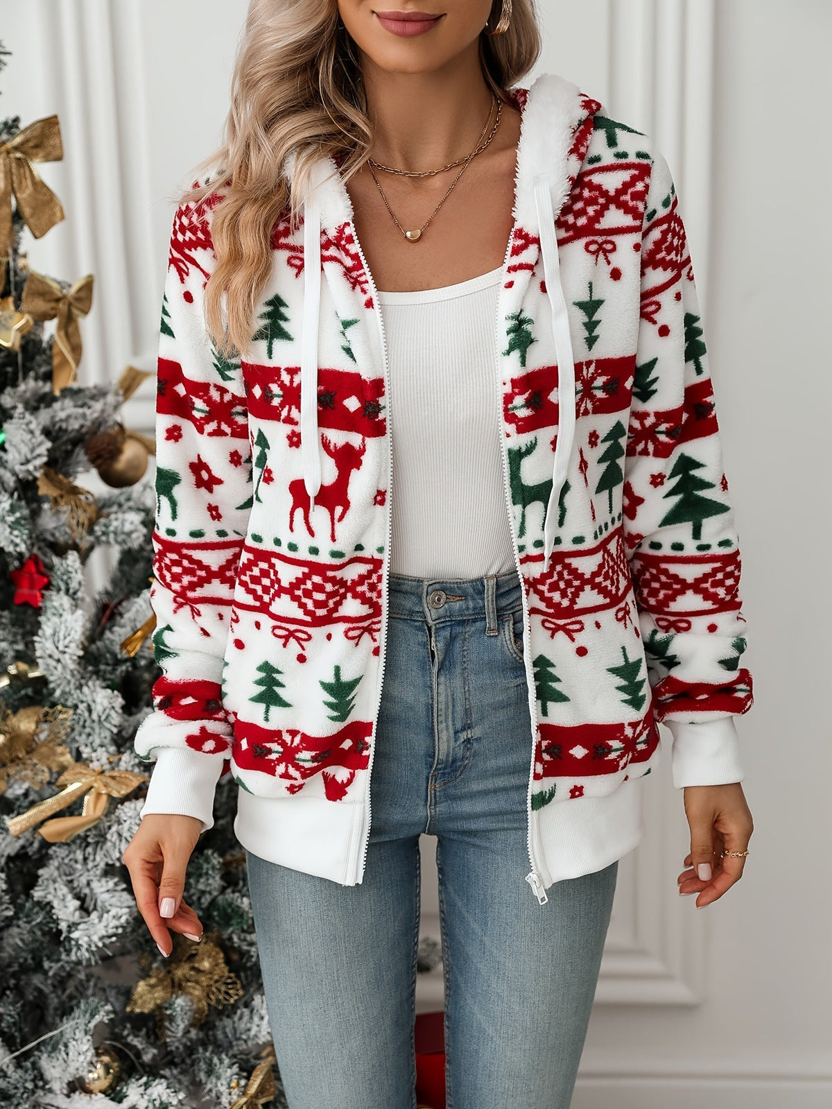 Women's Fair Isle Christmas Cardigan Hooded Zip Up