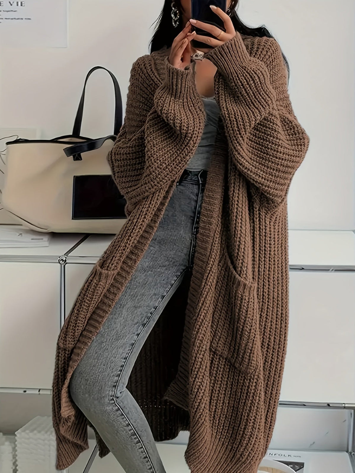Women's Long-Sleeve Open-Front Chunky Knit Cardigan