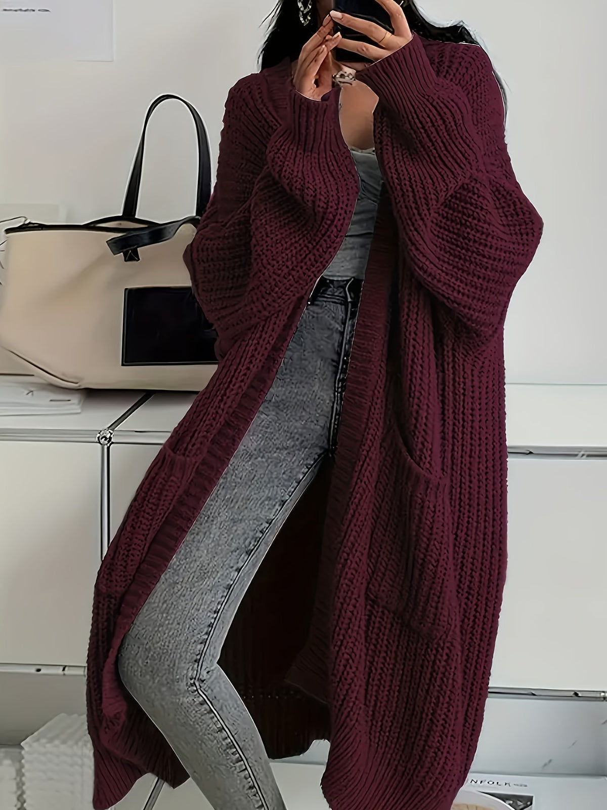 Women's Long-Sleeve Open-Front Chunky Knit Cardigan