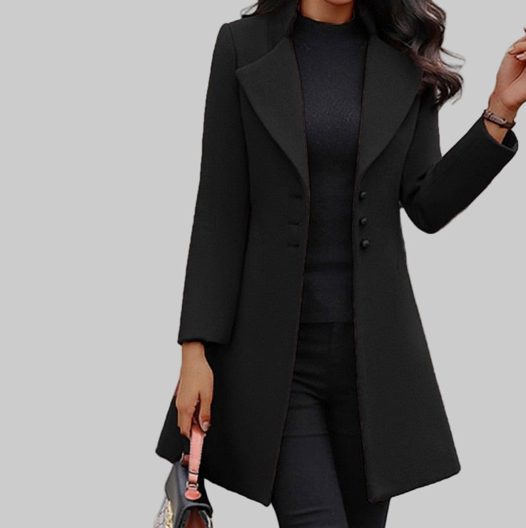 Women's Long Notched Lapel Wool-Look Coat in Black