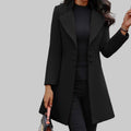 Women's Long Notched Lapel Wool-Look Coat in Black