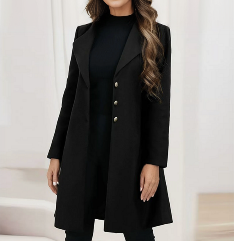 Women's Long Notched Lapel Wool-Look Coat in Black