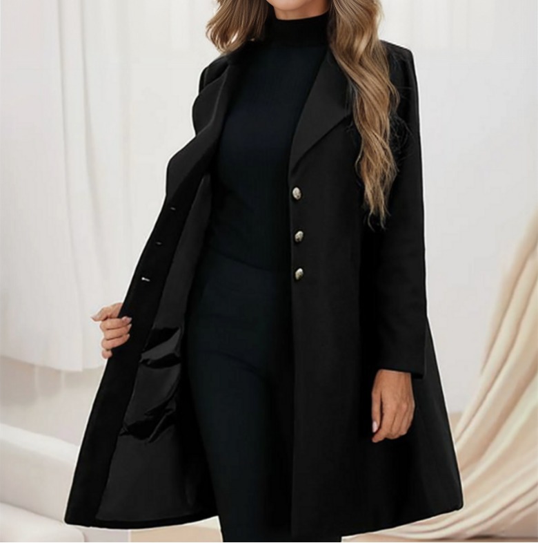 Women's Long Notched Lapel Wool-Look Coat in Black