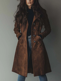 Women's Knee-Length Button-Front Faux Suede Trench Coat