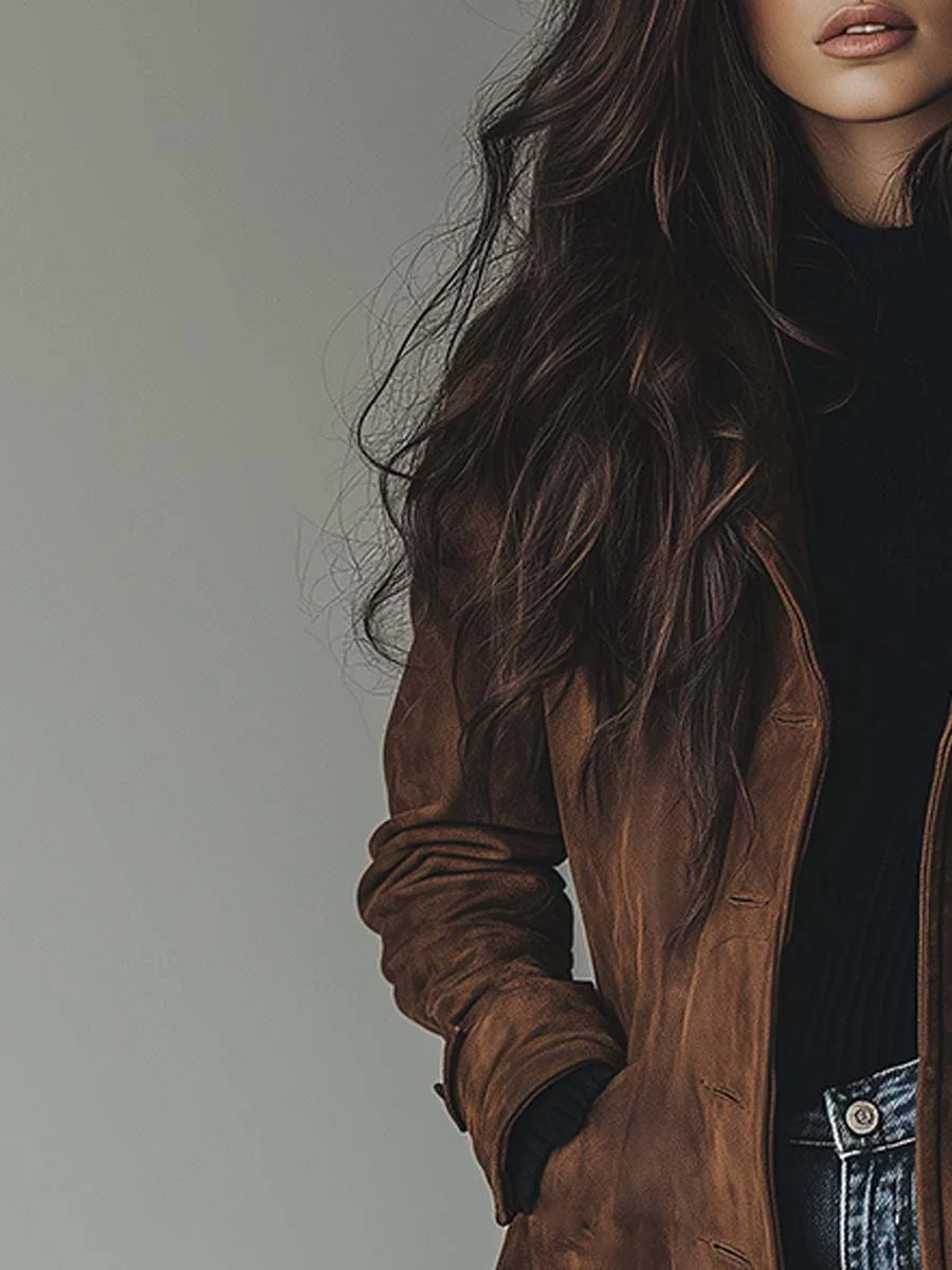 Women's Knee-Length Button-Front Faux Suede Trench Coat