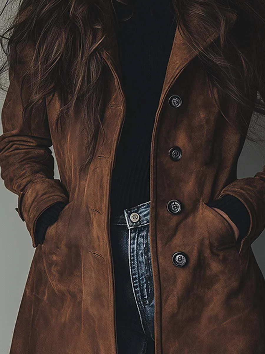 Women's Knee-Length Button-Front Faux Suede Trench Coat