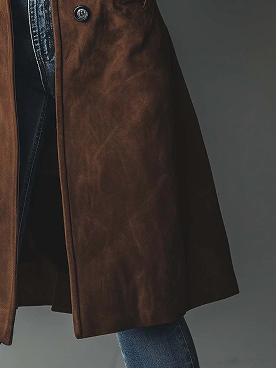 Women's Knee-Length Button-Front Faux Suede Trench Coat