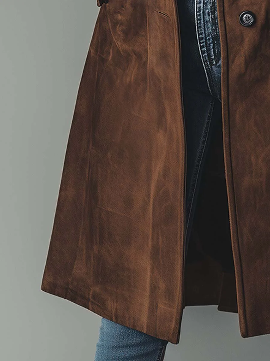 Women's Knee-Length Button-Front Faux Suede Trench Coat