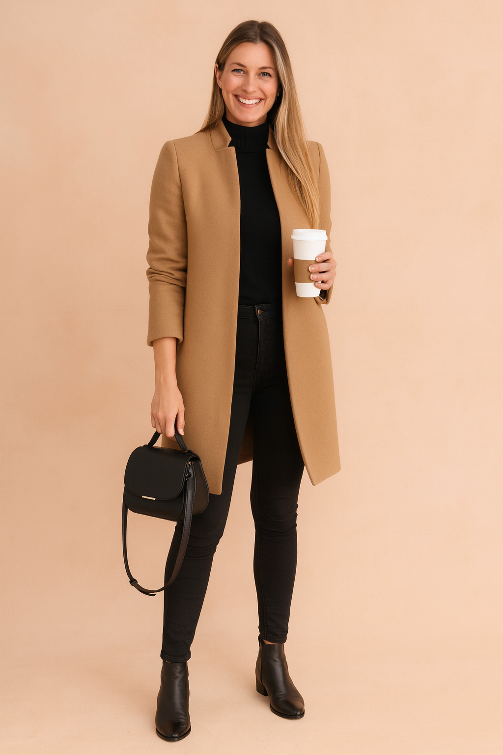 Women's Open-Front Straight Long Wool-Look Coat
