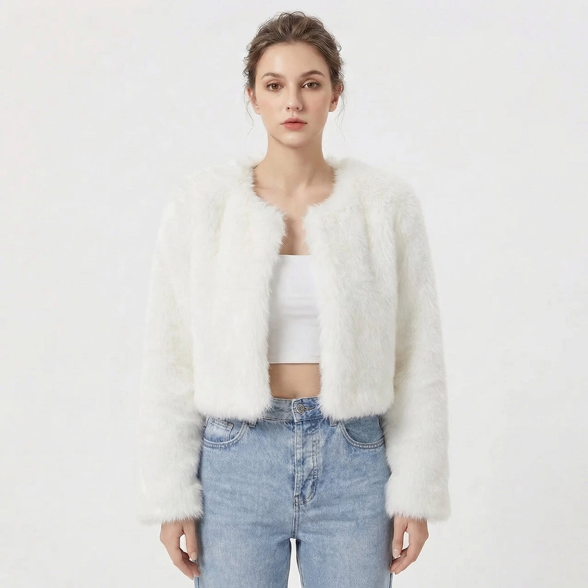 Women's Open Front Cropped Faux Fur Jacket