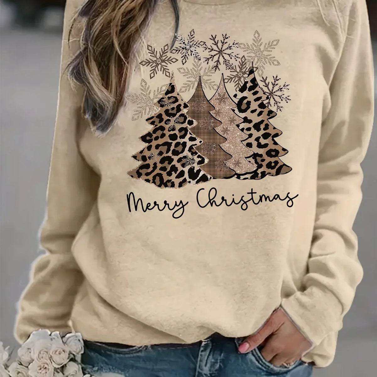 Women's Leopard Christmas Tree Sweater Crew Neck