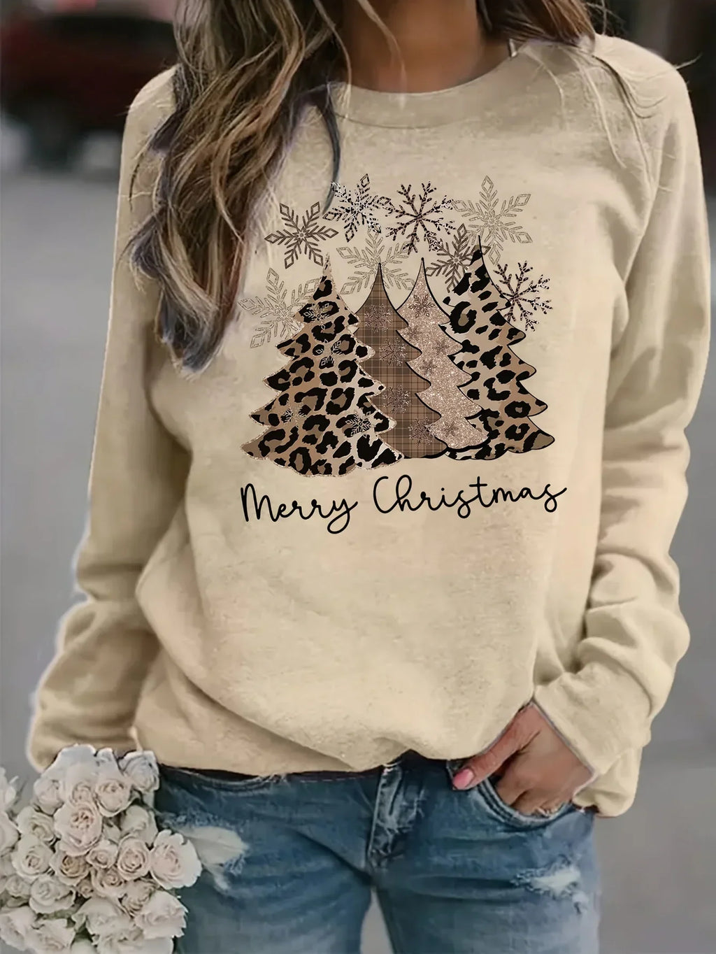 Women's Leopard Christmas Tree Sweater Crew Neck