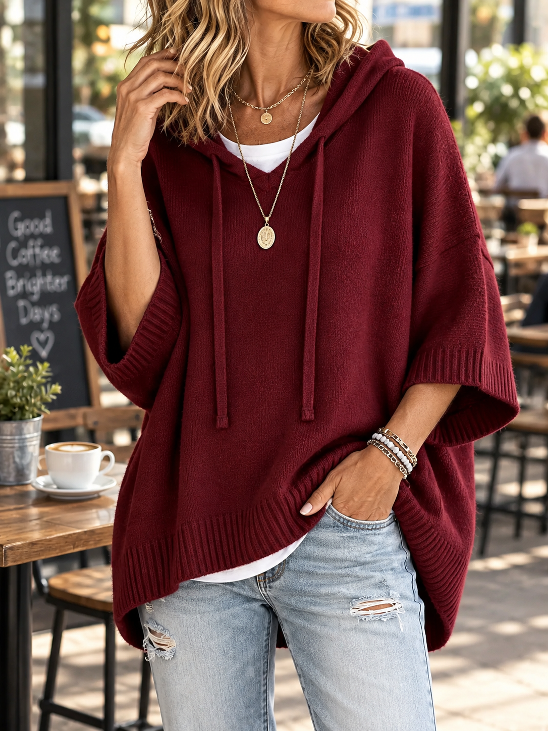 Women's Oversized Ribbed-Trim Drawstring Hoodie