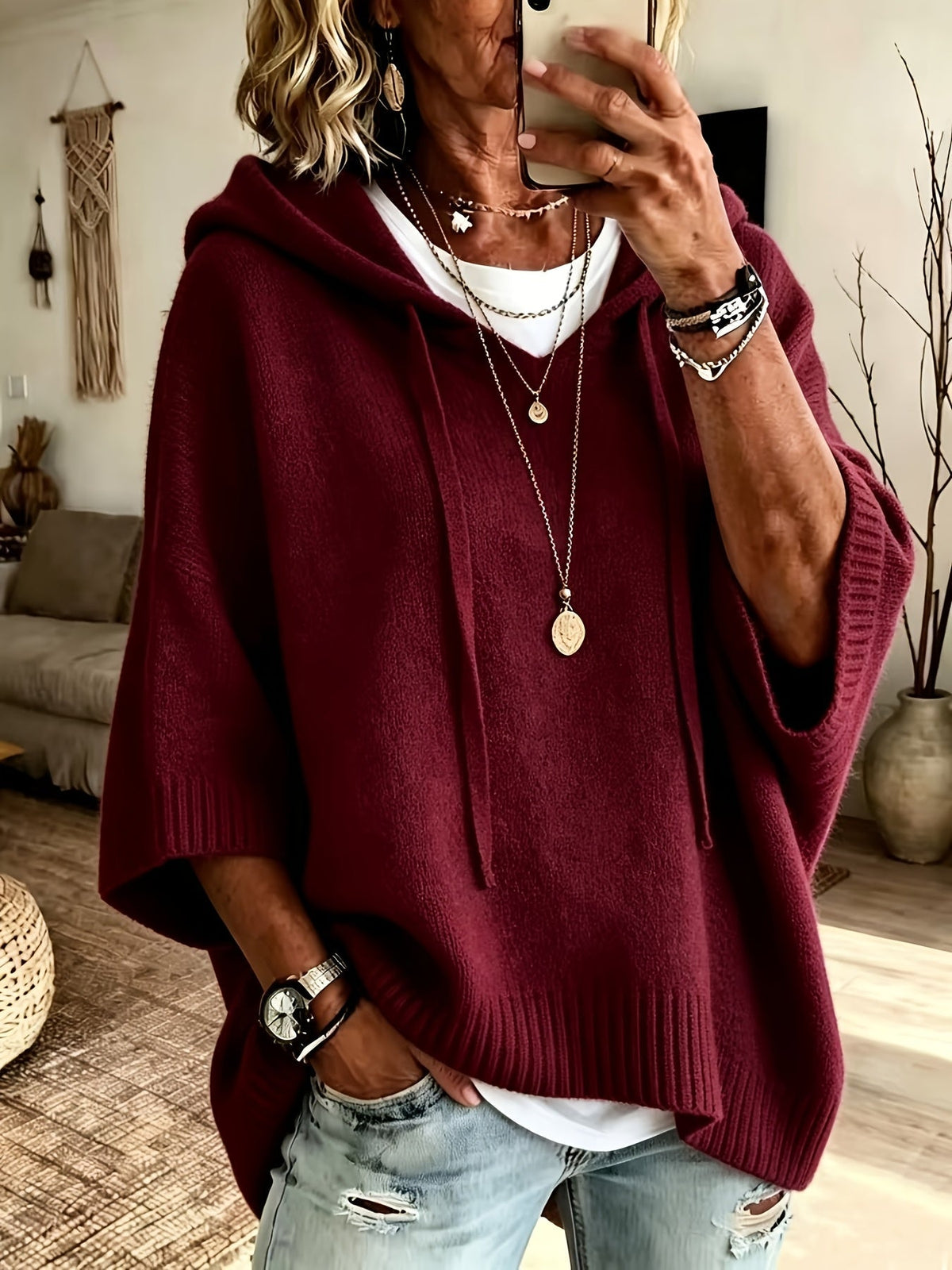 Women's Oversized Ribbed-Trim Drawstring Hoodie