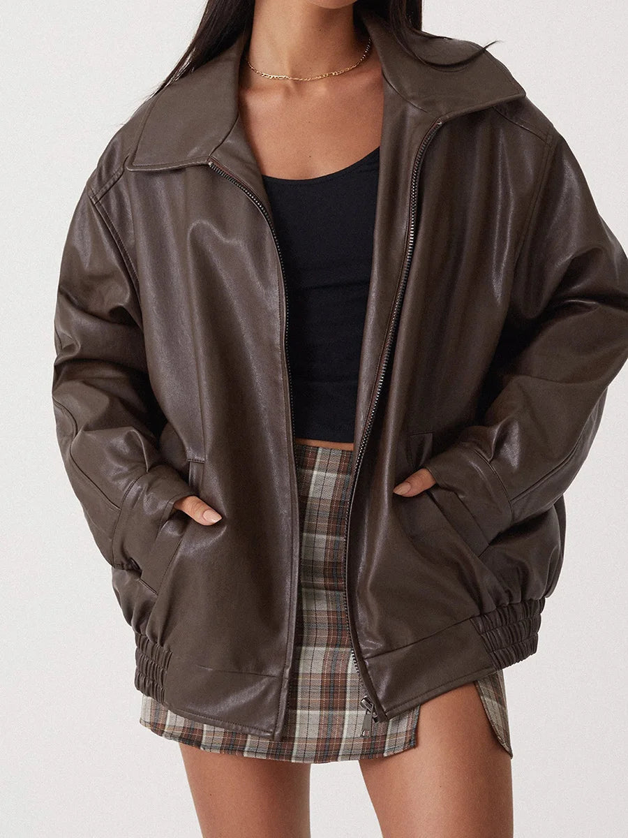 Women's Oversized Faux Leather Bomber Jacket