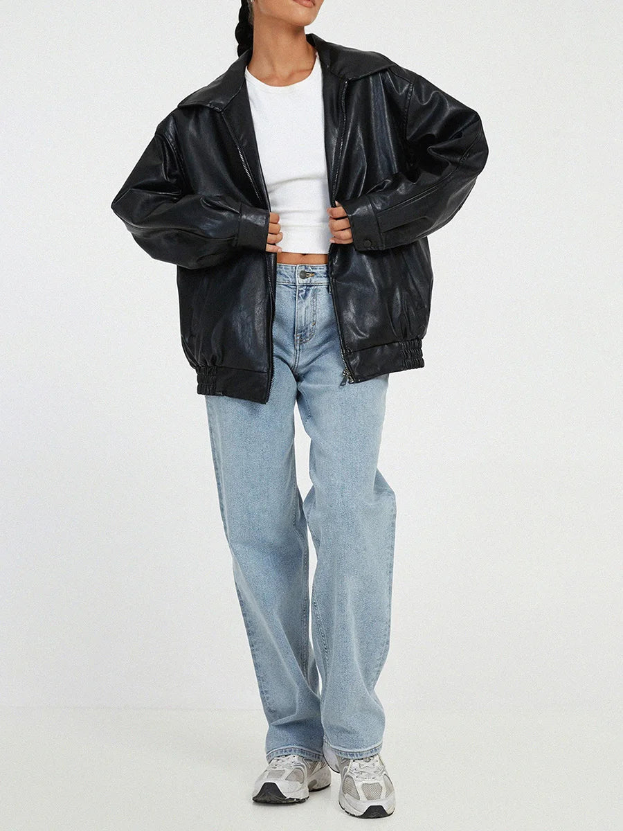 Women's Oversized Faux Leather Bomber Jacket