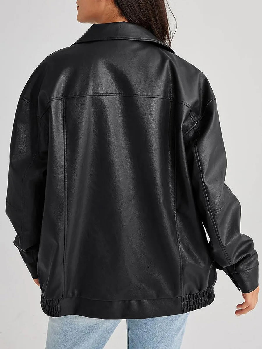 Women's Oversized Faux Leather Bomber Jacket