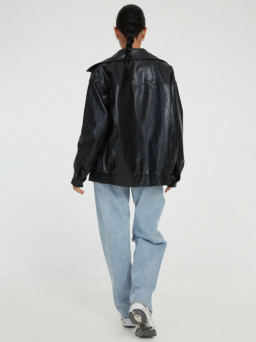 Women's Oversized Faux Leather Bomber Jacket