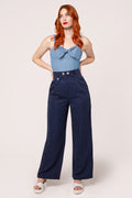 Women's Retro Pinstripe Pleated Wide Leg Pants in Navy