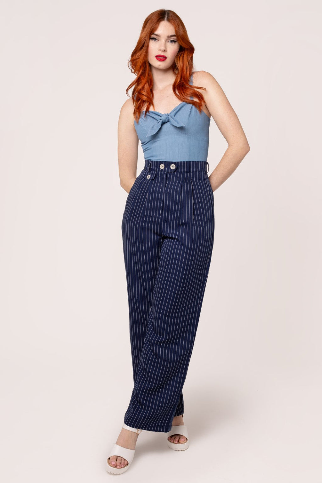 Women's Retro Pinstripe Pleated Wide Leg Pants in Navy
