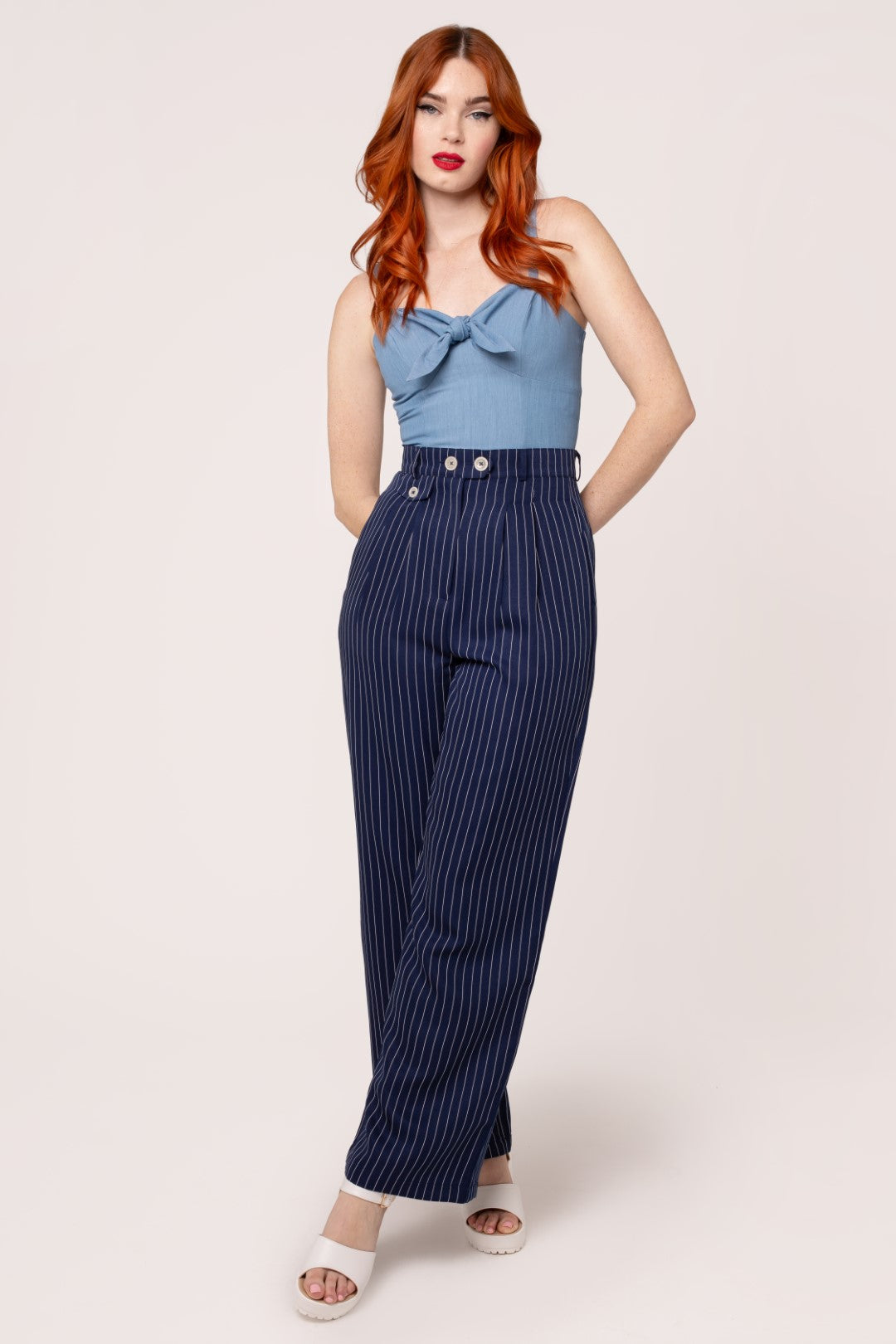 Women's Retro Pinstripe Pleated Wide Leg Pants in Navy
