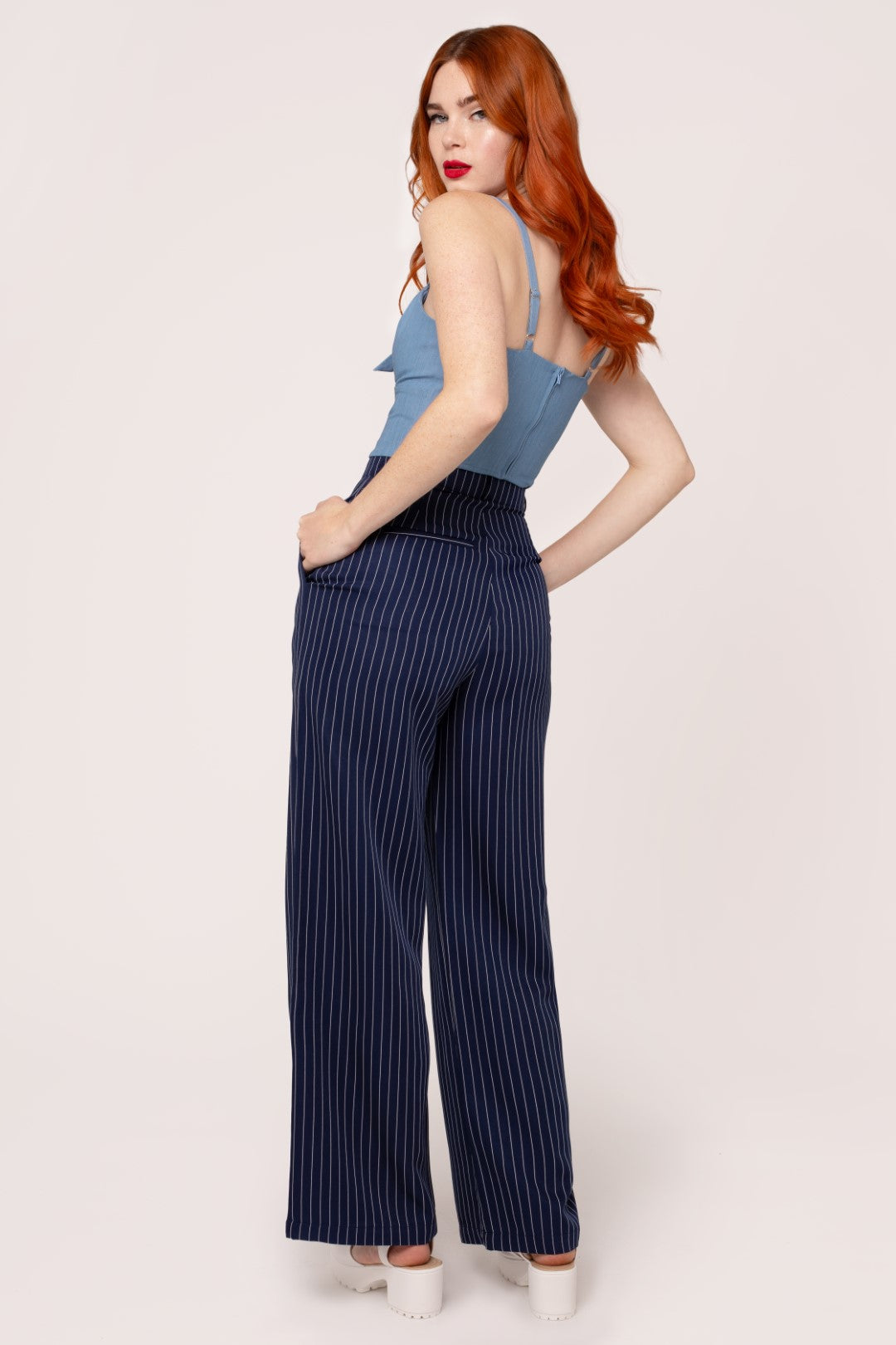 Women's Retro Pinstripe Pleated Wide Leg Pants in Navy