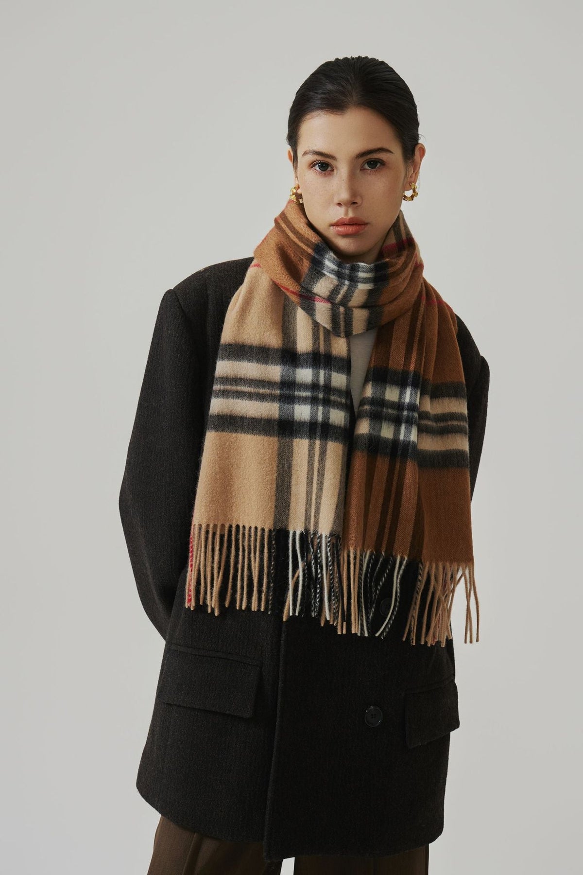 Women's Long Plaid Cashmere-Feel Scarf with Knotted Fringe