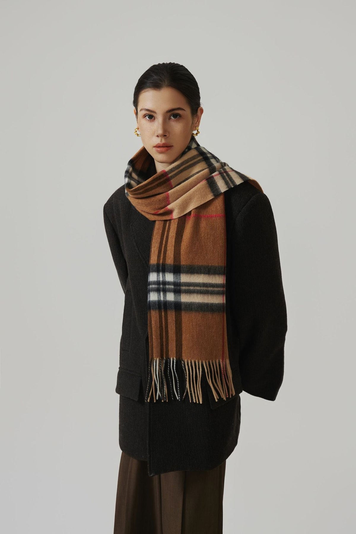 Women's Long Plaid Cashmere-Feel Scarf with Knotted Fringe